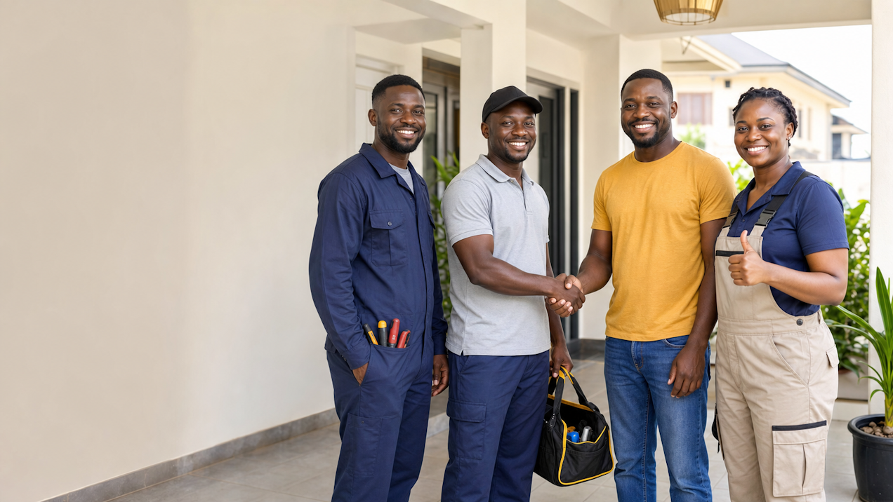 A happy homeowner receiving help from a home service professional